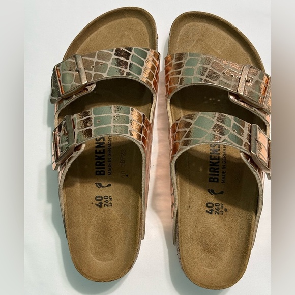 Birkenstock Shoes - Birkenstock Women's Sandals Arizona Microfibre Gator Gleam Copper size 40